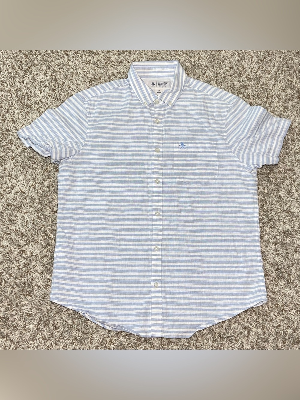ORIGINAL PENGUIN Men’s Blue White Stripes Button Down Short Sleeve Shirt Sz Med